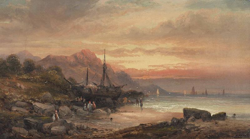 William Tomkins Coastal scene with islet and fishing folk Norge oil painting art